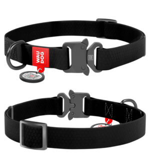 Veekindel koerakaelarihm must, metallist kiirkinnitus ja QR-passiga, sobib igas suuruses koertele, vastupidav ja turvaline.